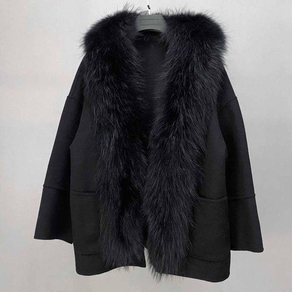 

women's fur & faux black 2021 ladies winter double-sided wool coat detachable natural raccoon collar female luxury jacket