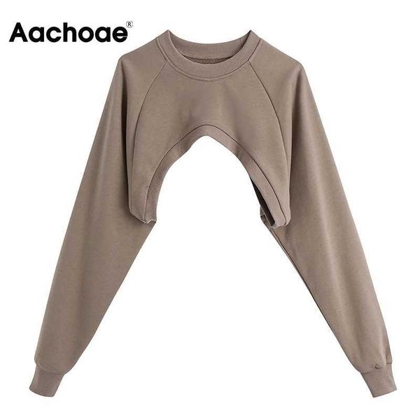 

aachoae women high street cropped sweatshirts fashion o neck solid pullovers ladies chic long sleeve hoodie y0820, Black