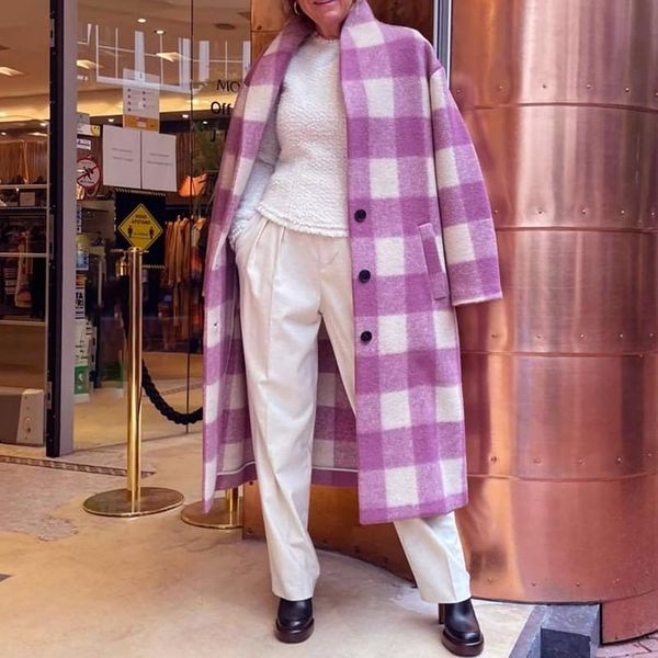 

women's wool & blends chic autumn winter women woolen plaid long coat v-neck button pockets female jacket classic vintage loose overcoa, Black