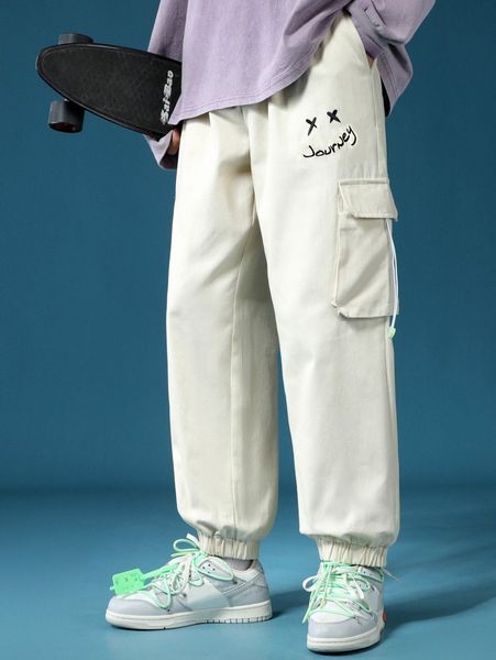 

men embroidered letter graphic drawstring utility pocket pants e7j8#, Black