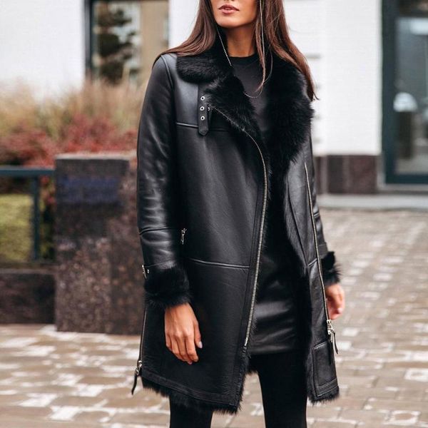 

women's fur & faux women pu leather jacket winter fashion warm fake black long coat office lady zipper western punk gothic female outwe