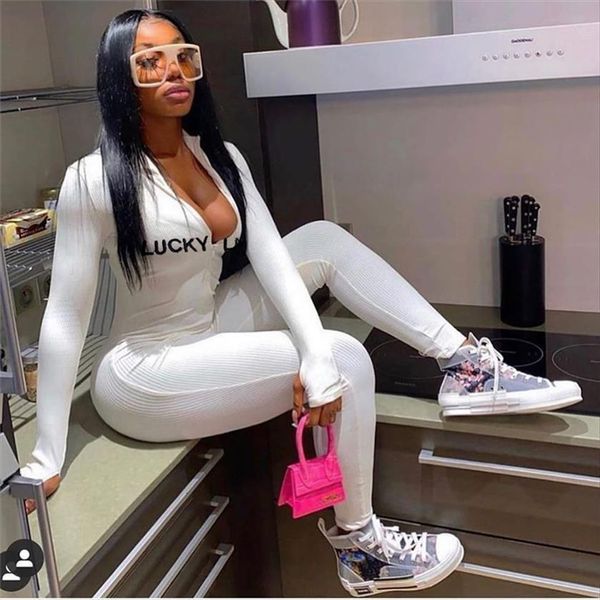 

ribbed letter embroidery women jumpsuit and long sleeve zipper casual, Black;white