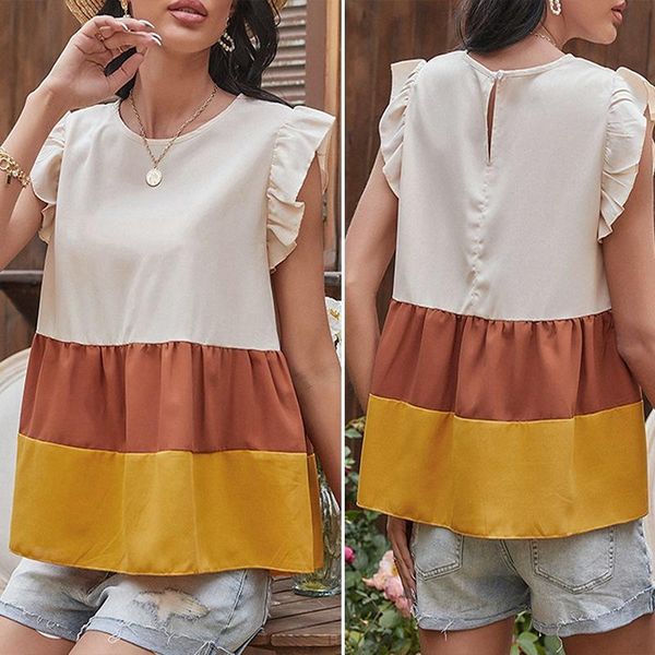 

women's t-shirt three-color stitching round neck loose babydoll sleeveless, White