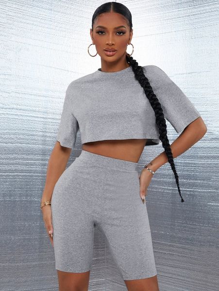 

sxy drop shoulder solid crop & biker shorts set x3l9#, White