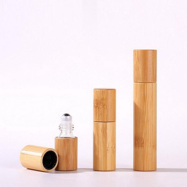 

100pcs 3/5/10ml bamboo roll on bottle for essential oils clear glass inner with natural wooden shell perfumes bottles storage & jars