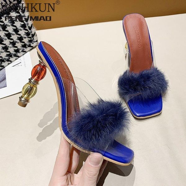

summer pumps women shoes sandals pvc transparent feather crystal high heels fur pointed toe mules slides furry slippers, Black