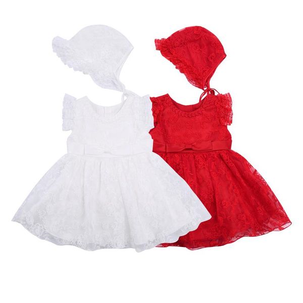 

arrival kids cute dress with hat, girls lace floral round neck sleeve one-piece+ cap for summer, red/white girl's dresses, Red;yellow