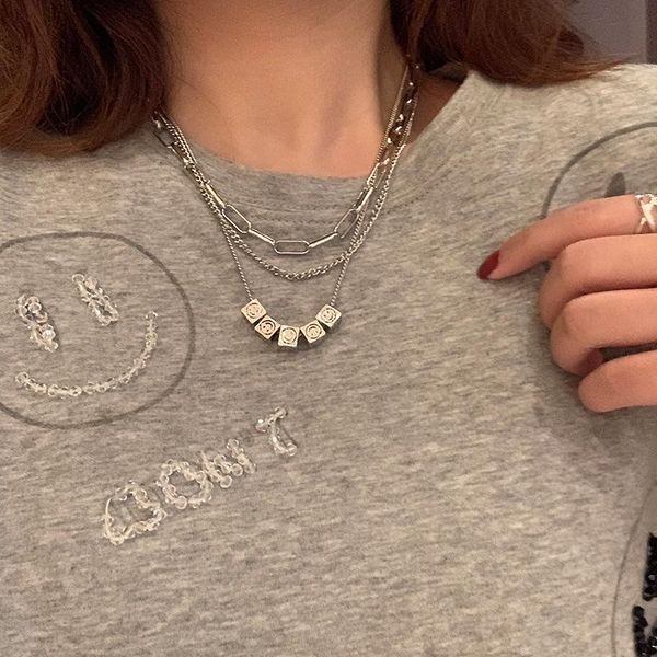 

personality silver color layered smile dice pendant necklaces for women hollow chunky circle chain chokers necklace accessories