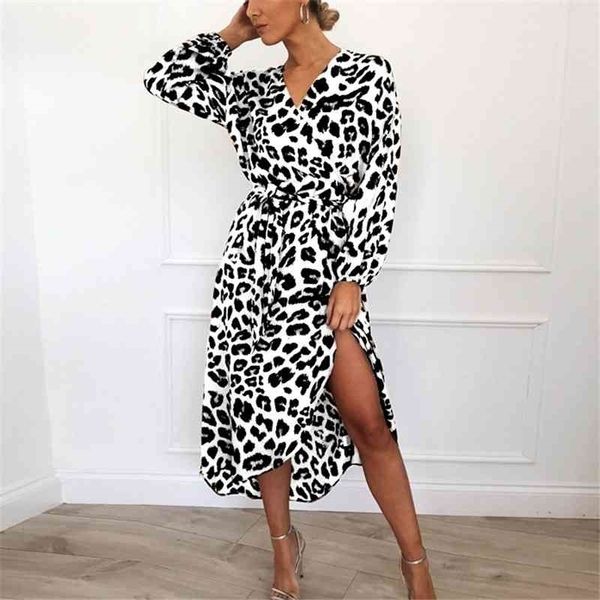 

leopard dress women fashion chiffon autumn dresses long sleeve deep v-neck a-line party long dress vestidos de fiesta 210325, Black;gray