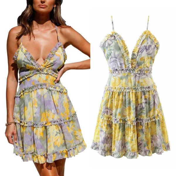 

women's swimwear hirigin women summer beach dress v neck floral print ruffle short sleeve a line mini fashion casual skirt for female, White;black