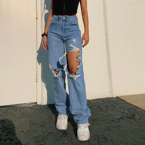 

jeans women's ripped straight baggy vintage high waist boyfriends mom denim distressed streetwear 2021 female sexy, Blue