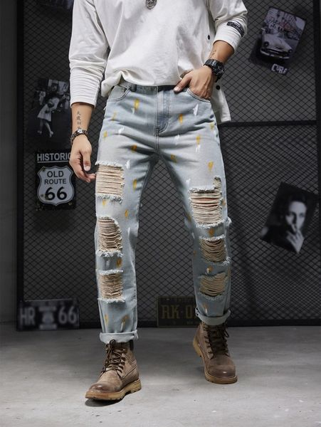

men ripped brush print bleach wash jeans i1jk#, Blue