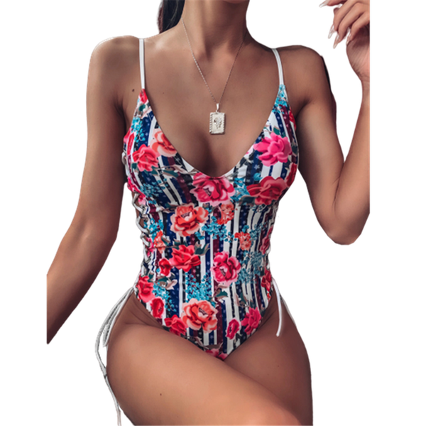 

lace up side floral flower print one piece swimsuit female swimwear 1 monokini padded push bodysuit beach bikini