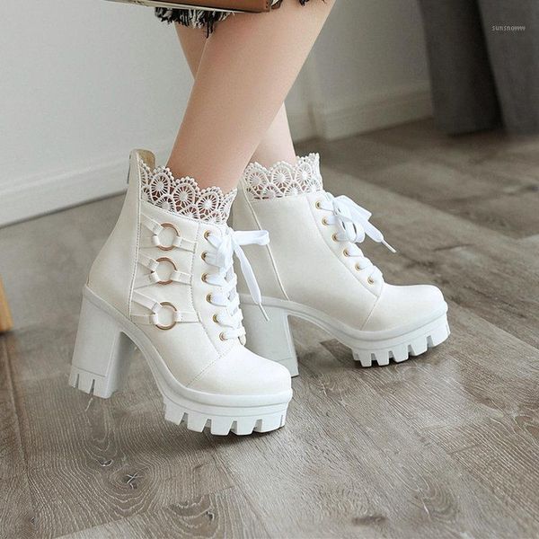 

boots agodor cute women ankle ladies lace up winter shoes block high heel platform all match black white short booties