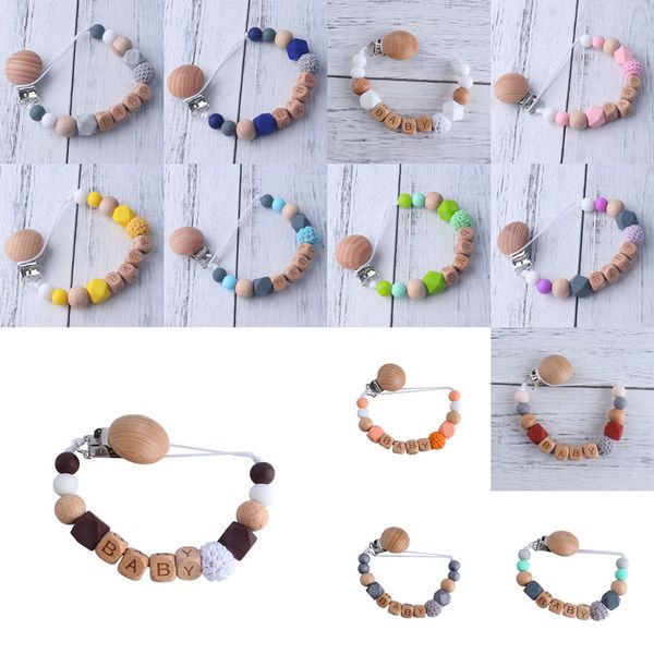 

diy baby silicone pacifier clip chain holder wood beaded with word soother nipple teether dummy strap