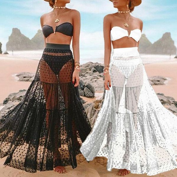 

skirts women lady boho see-through mesh sheer cover up maxi skirtpleated swimwear beachwear suit, Black