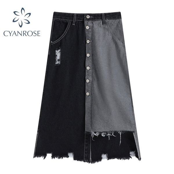 

irregular ripped jean skirts women high waist single breasted vintage denim skirt female hollow out tassel streetwear buttoms 210515, Black
