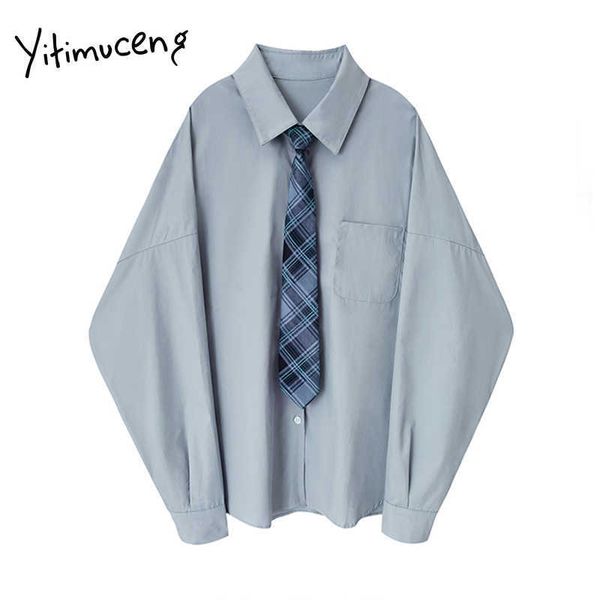 

yitimuceng women blouses spring long sleeve tie office lady solid shirts turn-down collar elegant fashion clothing 210601, White