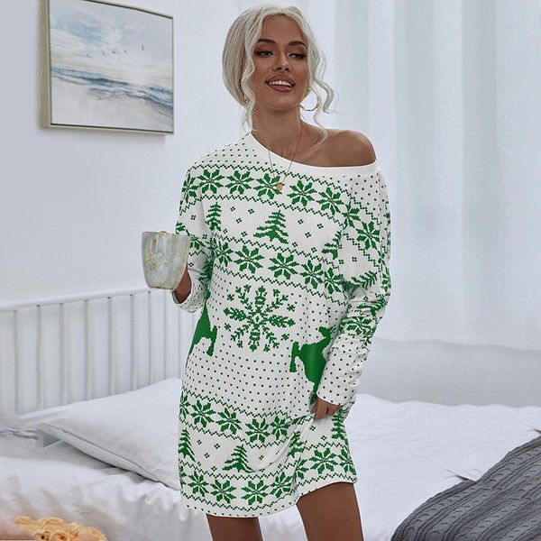 

women's sweaters christmas long-sleeved dress ladies fashion print loose wild elegant temperament autumn and winter neck, White;black