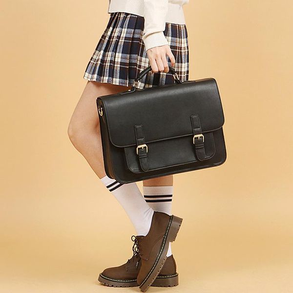 

women thicken pu leather british handbag business briefcase men 13.3" lapbag male casual shoulder schoolbag textbook briefcases