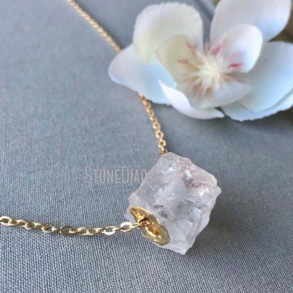 

chains nm11603 clear crystal cube gold necklace square raw quartz agate long layering minimalist white gift, Silver