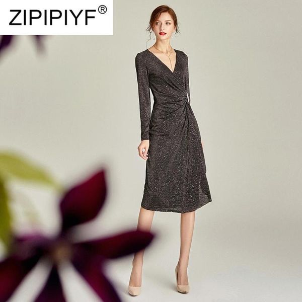 

casual dresses 2021 spring summer women fashion solid dress v-neck long sleeve waist pleated slim knee-length elegant y139, Black;gray