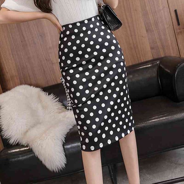 

summer tight elastic casual flower womens skirts dot printing split pencil high waist slim knee, Black
