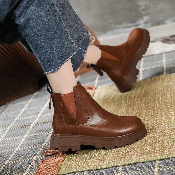 

boots 2021 autumn fashion platform women ankle retro round head square heel splicing elasticity casual, Black