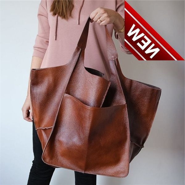 

casual soft large capacity tote luxury women handbags designer look pu leather women's shoulder bag retro big shopper purses