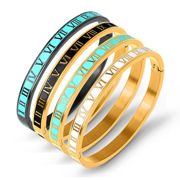 

luxury vintage roman letter bangles & bracelets for women men black gold color charm cuff bangles stainless steel jewelry q0719