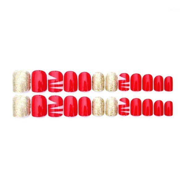 

set fashion 24pcs/set finished false nails small round head middle-long size full nail art decor accessories1, Red;gold