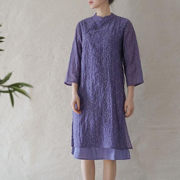 

casual dresses johnature women vintage embroidery floral stand seven sleeve cheongsam 2021 summer original patchwork lace a-line dress, Black;gray