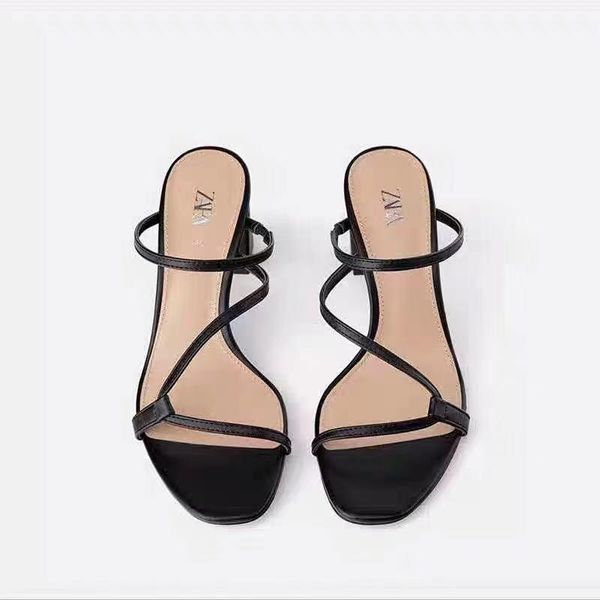 

sandals zar summer women's shoes simple thick heel open toe casual asymmetric thin strap square high muller, Black