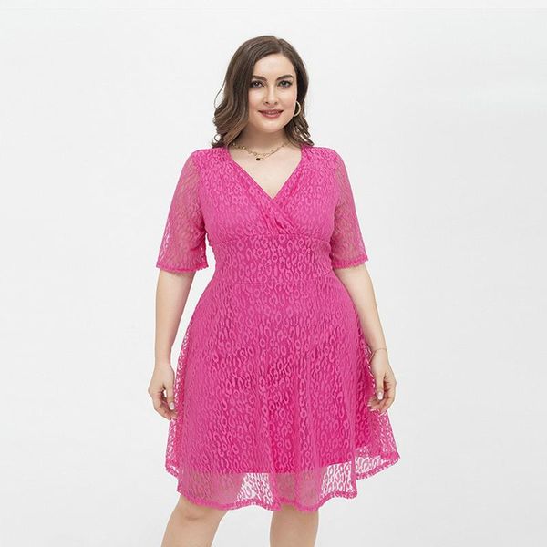 

plus size dresses evening women 2021 solid color lace pattern short sleeve knee length v neck casual vacation travel party, Black