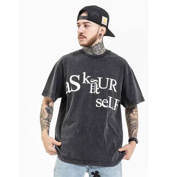 

washed letter foam cotton tshirts mens and womens streetwear short sleeve oversize summer t-shirt o neck hip hop loose tees, White;black