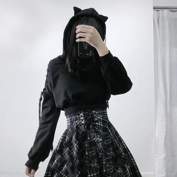 

hip hop hoodies street style girl black cat ear hoodie female pullover long sleeve cute bandage hooded sweatshirt sudaderas women's & s