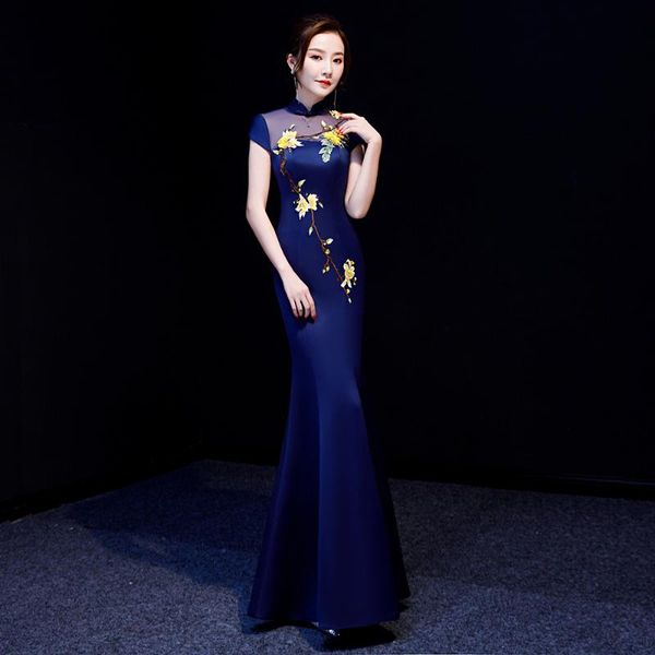 

lady navy blue birthday banquet trumpet dresses elegant slim cheongsam skirt floo-length satin evening dress formal party gown ethnic clothi, Red