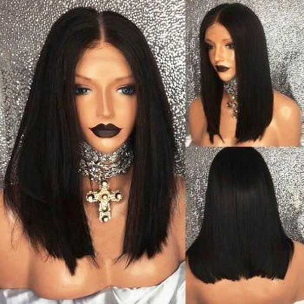 

short black straight lace front wig 16inch middle part heat resistant synthetic hair wigs daily wear women with baby hair1