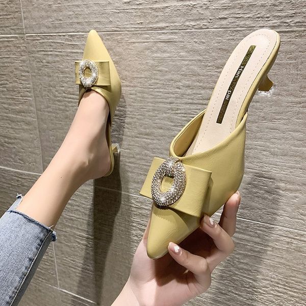 

luxury dress shoes baotou slipper 2021 style wearing fashion pointed high heels thin heel half support single sho women's summer temper, Black