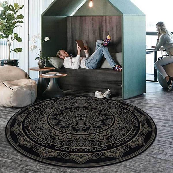 

carpets european light luxury retro pattern circular carpet bedroom hanging basket chair mat black ethnic style living room non-slip rug