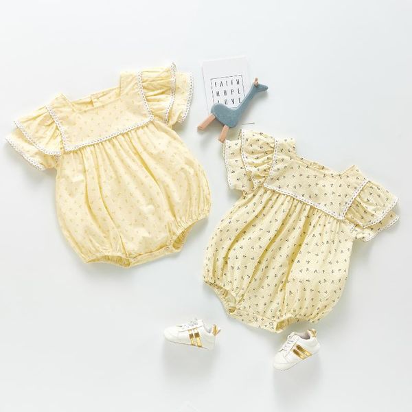 

rompers baby girl cute student collar shirt bodysuit print sweet lace short sleeve one piece romper 2021 summer toddler jumpsuit outfit, Blue