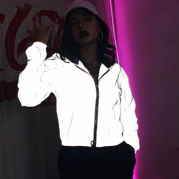

women's jackets reflective jacket hip hop streetwear fashion casual hooded coat zippers 2021 spring women bomber girls neon cropped, Black;brown