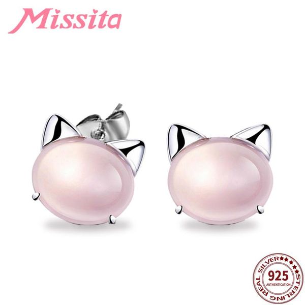 

stud missita 925 sterling silver lovely cat pink crystal earrings for women jewelry brand party gift, Golden;silver