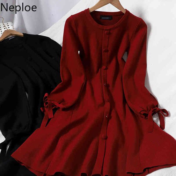 

neploe korean single breasted dress woman solid color all-match knitted vestidos lace up o-neck slim waist slim dresses women 210422, Black;gray