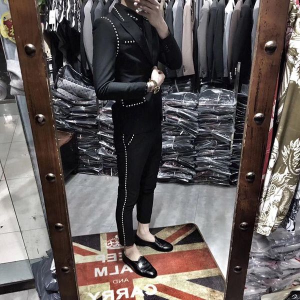

men's suits & blazers trajes de hombre british style slim suit two-piece nightclub rivet coat smoking homme mariage fashion korea male, White;black