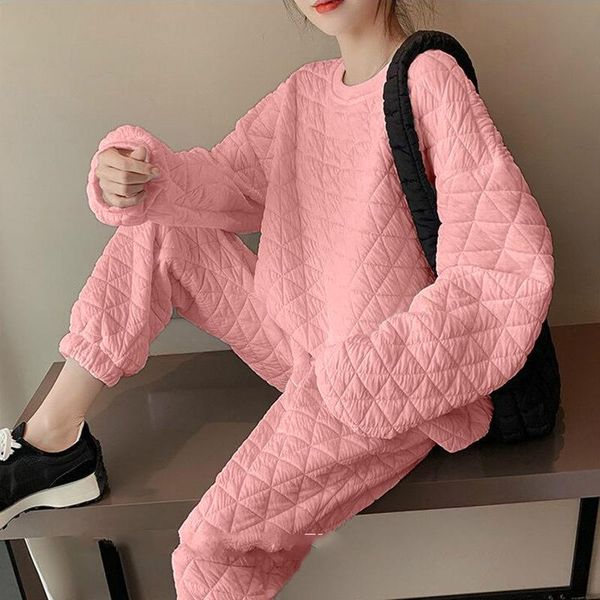 

women's two piece pants sets women quilted pullovers autumn loose korean style casual o neck comfortable trousers two-piece ladies sui, White