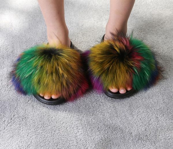 

fur slippers ladies real sandals cute casual furry flat eva indoor non-slip leather shoes, Black