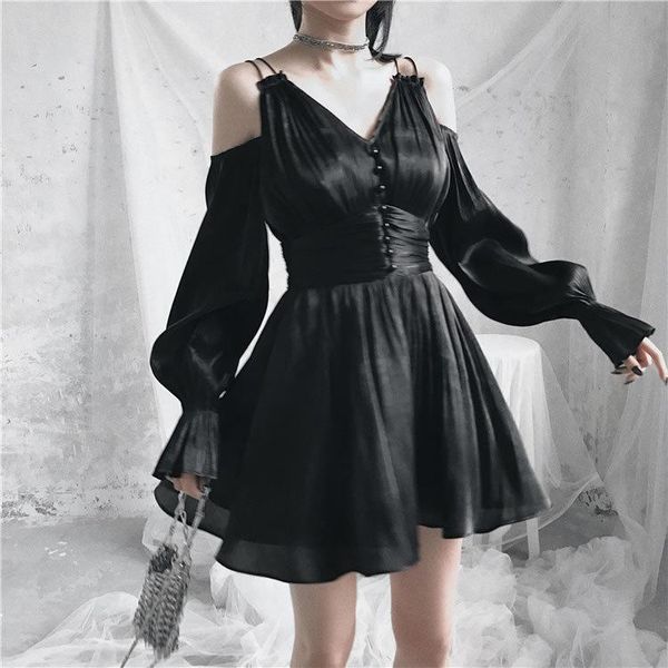 

casual dresses ruibbit summer autumn gothic girls hollow out v collar women sling dress long sleeve a line black punk, Black;gray