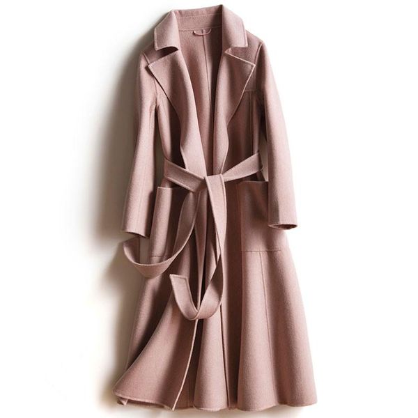 

women's wool & blends 2021 autumn long handmade 100% jacket coat women belt cashmere overcoat female abrigos mujer elegante office lady, Black