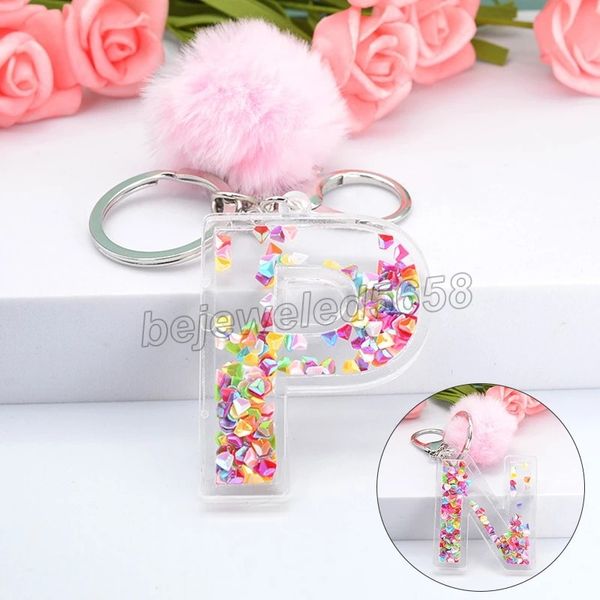 

women a-z initials keychains with pompom pink sequin filling hollow plastic key chains handbag hanging ornaments keyrings, Slivery;golden